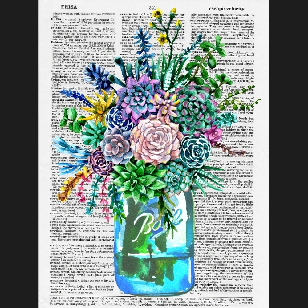 Vivid Succulent Boquet Dictionary Art Print Decor